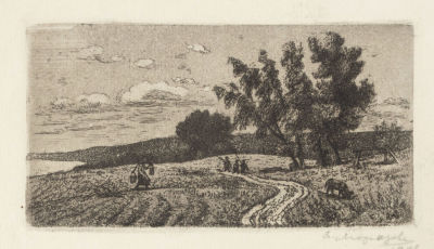 [Знаменитый скульптор-анималист] Морозова-Эккерт Е. Г. Покос. 1946. Бумага, офорт. Размер 8,5х14 см.