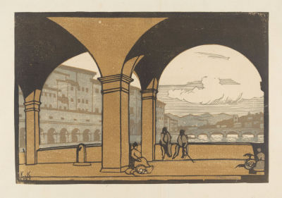 Костенко К. Е. Флоренция. Понте-Веккьо. 1923. Линогравюра. Размер 19х28 см. Условно хорошее 