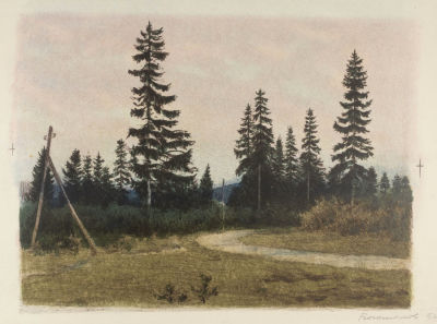 Богомолов А. А. Лесной пейзаж с елями. 1956. Литография. Размер 31х44,5 см. Условно хорошее 