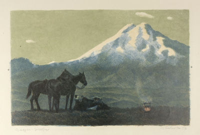 Бетехтин О. Г. Сумерки. Эльбрус. 1956. Бумага, автолитография. Размер 43х60 см. Условно хорошее 