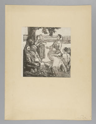 Габе М. Р. Отдых в тени деревьев. Бумага, ксилография. 1950-е гг. Размер оттиска 13,5х13 см. Хор 