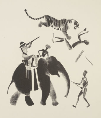Лебедев В. В. Тигр атакует. Автолитография из набора &laquo;Охота&raquo;. 1968. Размер 25х17,6 см. Автолитог 