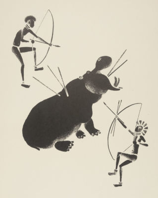 Лебедев В. В. Африка. Охота на бегемота. Автолитография из набора &laquo;Охота&raquo;. 1968. Размер 25х17,6 см.