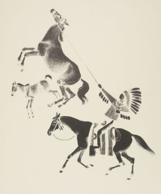 Лебедев В. В. Охота на диких лошадей в прериях. Автолитография из набора &laquo;Охота&raquo;. 1968. Размер 