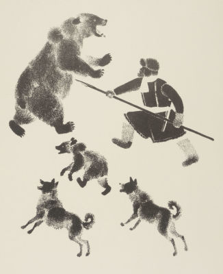 Лебедев В. В. Медвежья охота на Руси. Автолитография из набора &laquo;Охота&raquo;. 1968. Размер 25х17,6 см. 