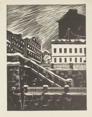 Н/х. Спуск к каналу. 1970-е гг.(?) Бумага, линогравюра. Размер 41х29,5 см. Удовлетворительное 