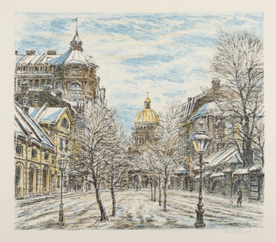 Блинов В. Н. Санкт-Петербург. Зима. 1980-е гг. Бумага, цветная литография. Размер 34х35,5 см. Ус 