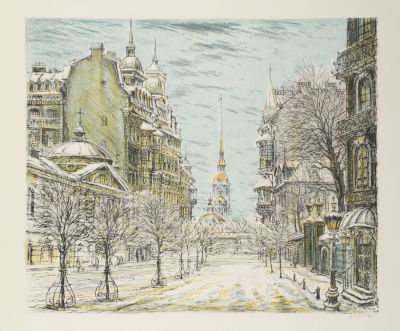 Блинов В. Н. Санкт-Петербург. Улица Куйбышева. 1980-е гг. Бумага, цветная литография. Размер 