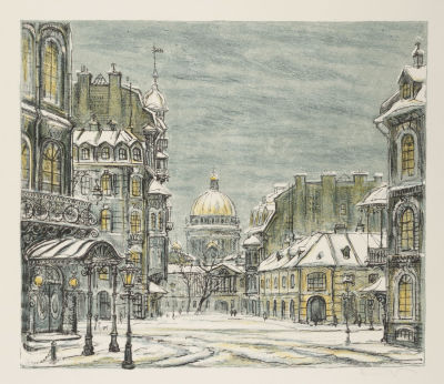 Блинов В. Н. Санкт-Петербург. Сумерки. 1980-е гг. Бумага, цветная литография. Размер 36х39 см. Х 