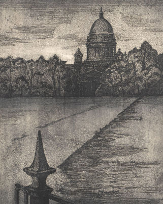 Н/х. Перед Исаакиевским собором. 1980-1990-е гг. Бумага, офорт, травление. Размер 25,5х21 см. Ус 