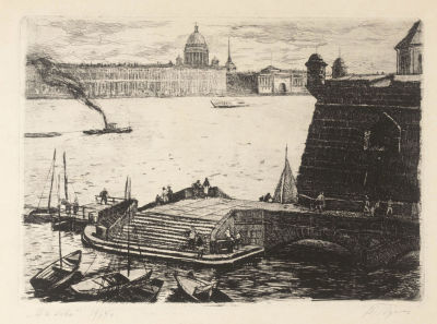 Тупикин Р. Ф. На Неве. 1964. Офорт. Размер листа 28,5х38 см. Хорошее состояние. Следы 