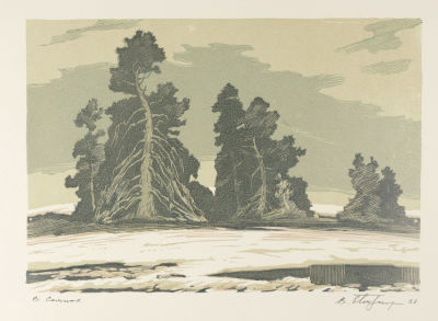 Бендингер В. А. В Саянах. 1986. Бумага, линогравюра. Размер 34х45 см. Хорошее состояние. Следы 