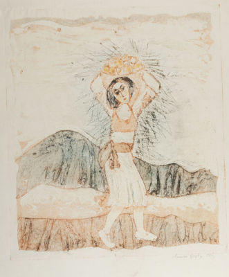 Апинян В. Девушка несет фрукты. 1980. Бумага, монотипия. Размер 63х49 см. Удовлетворительное 