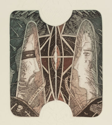 Люкшин Ю. Адам и Ева. Экслибрис. 1994. Офорт, акварель. Размер листа 37х24,5 см. Хорошее 