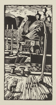 [Митьки] Яшке В. Е. Неразборчиво (кот в порту). 1982. Бумага, линогравюра. Размер 28х18 см. Хоро 