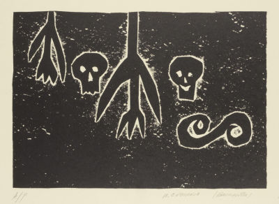 [Новые художники] Сотников И. Ю. Два черепа, цветы и загогулина. 2000-е гг. Бумага 