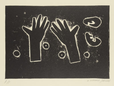 [Новые художники] Сотников И. Ю. Две руки. 2000-е гг. Бумага, линогравюра. Размер 30х42 см. Хоро 