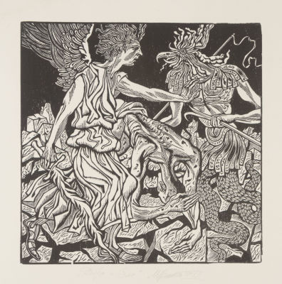 Верхоланцев М. М. Добро и зло. 2012. Бумага, ксилография. Размер 40х40 см. Условно хорошее 