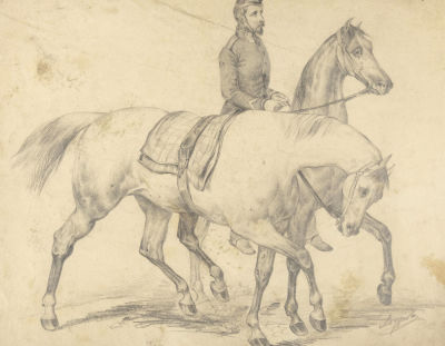 Подпись неразборчивая. Кавалерист с лошадьми. Середина XIX века. Бумага, карандаш. Размер 18 