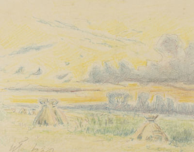 [Архив художника] Гурьев И. П. Стога сена. 1920. Бумага, цветные карандаши. Размер 11,5х15,5 см. 