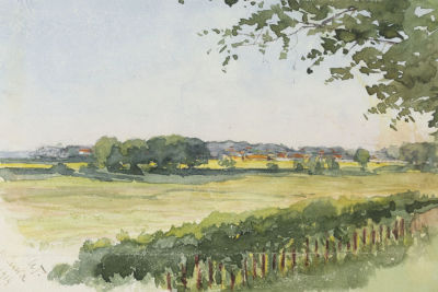 [Архив художника] Гурьев И. П. Вид на поле и деревню вдалеке. 1914. Бумага, акварель. Размер 12 