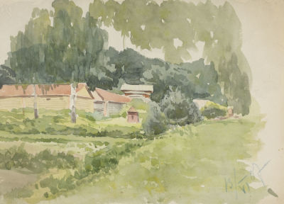 [Архив художника] Гурьев И. П. Деревенька летом. 1907. Бумага, акварель. Размер 16х22,5 см. Усло 