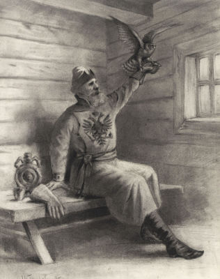 [Архив художника] Гурьев И. П. Сокольничий. 1895. Бумага, уголь. Размер 38х30,5 см. Условно 