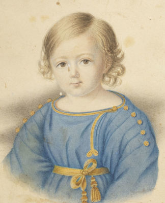 Fiedler. Портрет ребенка в синем. 1844. Бумага на картоне, цв. карандаш. Размер 20х15 см. Удовле 