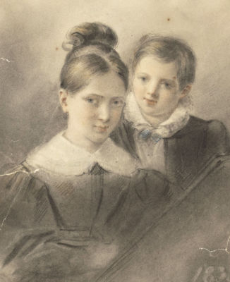Н/х. Парный детский портрет. 1838. Бумага, уголь, пастель. Размер 22х17 см. Удовлетворительное 