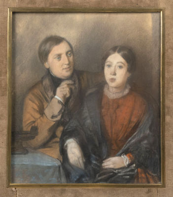 Н/х. Семейный портрет за столом. Середина XIX века. Бумага, пастель. Размер по раме 35х32 см. В 