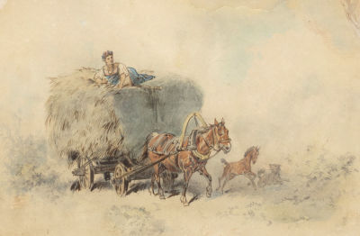 Каразин Н. Н.(приписывается) Воз сена. Эскиз росписи по фарфору для ИФЗ. Начало XX века. Картон 