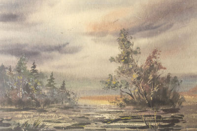 Н/х. Пасмурно на болоте. Конец XIX века. Бумага, акварель. Размер 14,5х21,5 см. Условно хорошее 