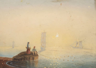 Н/х. Рыбаки и парусники. Середина XIX века. Картон, масло. Размер 18х25 см. Удовлетворительное 
