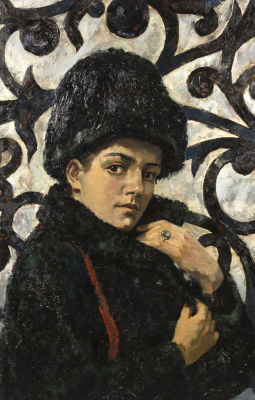 Н/х. Неизвестная у ограды Михайловского сада. 1940-1950-е гг. Холст, масло. Размер 104х68,5 см. 