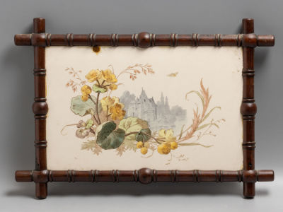 Панно. Пейзаж с крепостью. Западная Европа. Начало ХХ в. Фаянс, деколь с подрисовкой. Размер 