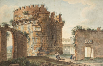 Н/х. Гробница Цецилии Метеллы в Риме. Акварель с гравюры Джузеппе Вази. XIX век. Размер 20,5х31 