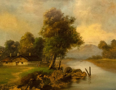 Gins R. Пейзаж с рекой. Рубеж XIX - XX веков. Дерево, масло. Размер по подрамнику 63х81 см. 