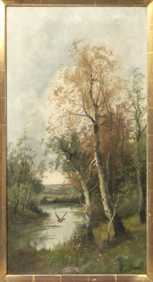 Ducat R. Пейзаж с уткой. XIX век. Холст, масло. Размер по раме 92х60 см. Размер в свету 67х35 см. 