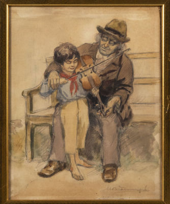 Владимиров И. А. [по подписи] Урок музыки. Вторая четверть XX века. Бумага, акварель. Размер по 