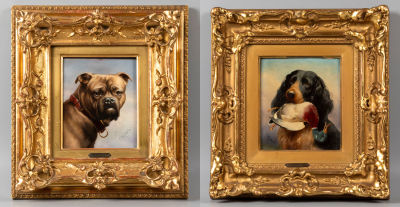 Райхерт К. (Carl Reichert) Парные картины. Спаниэль и бульдог. Конец XIX в. Доска, масло. Хороше 