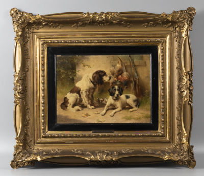 Райхерт К. (Carl Reichert) Сеттеры после охоты. 1912(?). Доска, масло. Размер в свету 23х30,5 