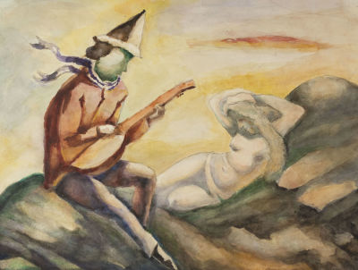 Ротач А. Л. Музыкант и обнаженная. 1930-е гг. Бумага, см. техника. Размер 29,7х30,8 см. Хорошее 