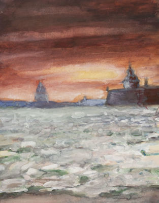 Ротач А. Л. Закат у Петропавловской крепости. Первая половина XX века. Бумага, гуашь, белила. 