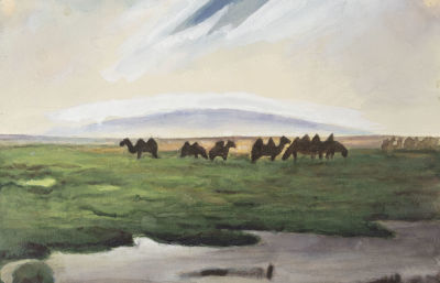 Ротач А. Л. Верблюды. Узбекистан. 1943. Бумага, гуашь. Размер 24,5х36,5 см. Хорошее состояние. 