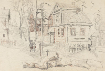 Корень О. П. Вологда. 1950-е гг. Бумага, сангина, уголь. Размер 30х43,5 см. Условно хорошее 