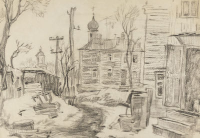 Корень О. П. Старая Вологда. 1968. Бумага, уголь. Размер 29,5х42,5 см. Условно хорошее 