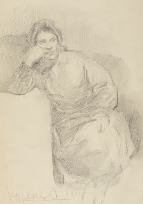 Корень О. П. Уставшая женщина. 1951. Бумага, карандаш. Размер 27х19 см. Хорошее состояние. 