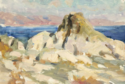 Кривицкий Л. Г. Армения. Скала у озера Севан. 1950-е гг. Картон, масло. Размер 24,5х35,5 см. Усл 