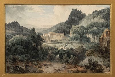 Н/х. Вилла в горах. XIX век. Бумага, акварель. Размер по раме 29,5х36 см. Размер в свету 12,5х19 см.