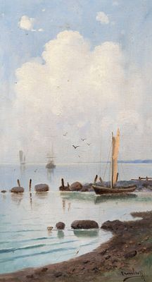 Ермолаев (Денисов) П. [по подписи] Прибрежный пейзаж с лодкой. XIX век. Холст, масло. Размер 